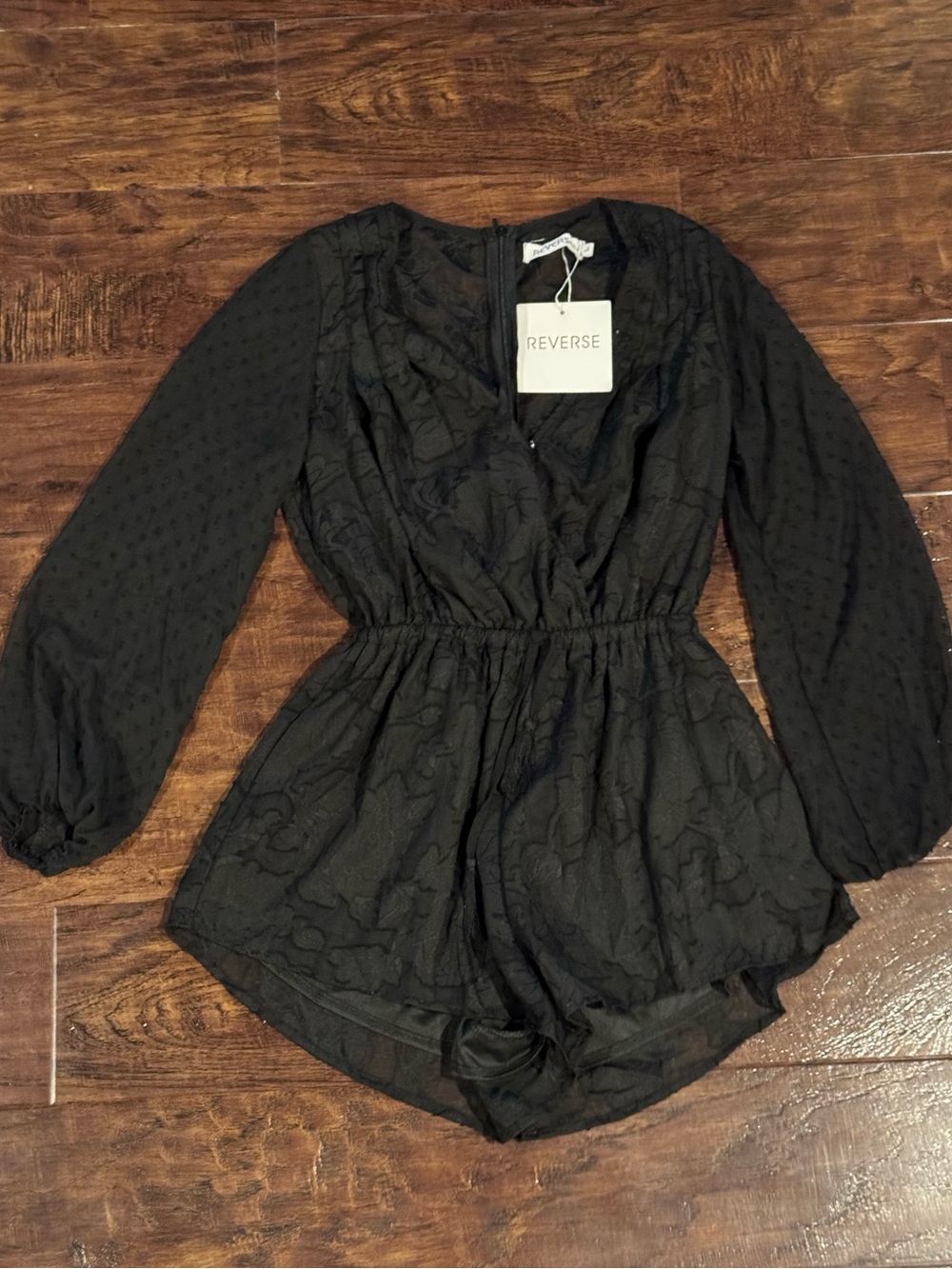 NWT Reverse Black Long Sleeve Floral Jacquard Romper Size Large